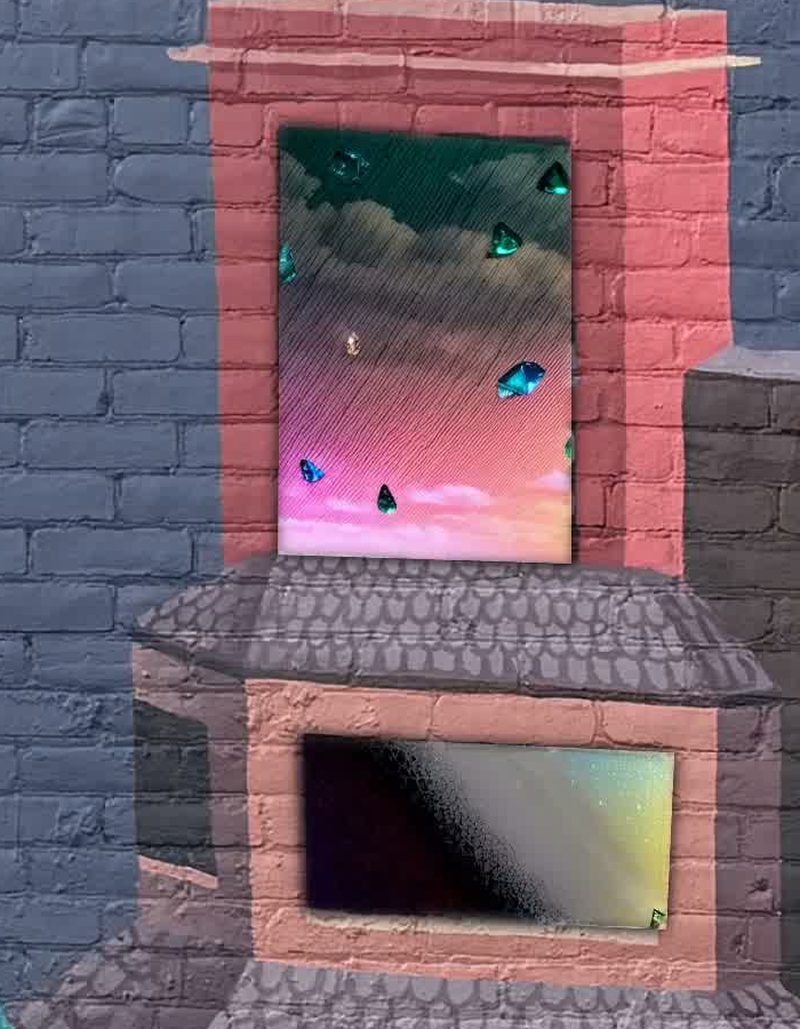 The same two windows at night, filled with projected images: a sky of falling gems and a shifting gradient.